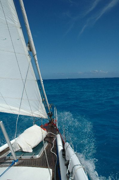 Veloz ceñida en el Caribe, con foque yankee. La trinqueta va preparada en su saco por si el alisio arrecia.